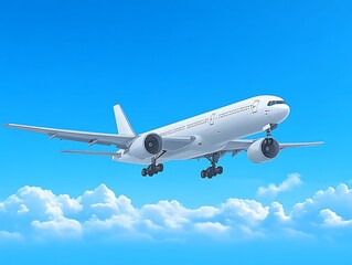 White Airplane Soaring Above Fluffy Clouds In Blue Sky