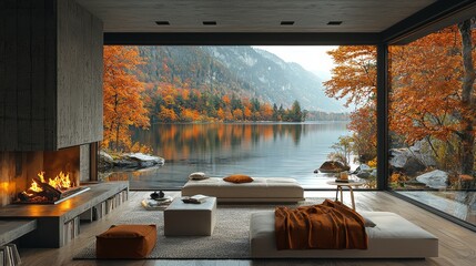A stunning backdrop of autumn leaves surrounding a retirement lake with colorful fall trees. Inside, an online webinar presentation in a home office, complete with a fireplace and a virtual room