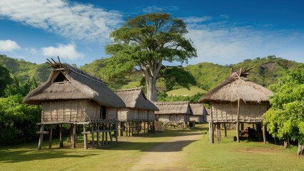 An area with huts with thatched roofs rising on stilts, against a background of green hills and a blue sky with clouds. There is a tall tree in the center, emphasizing the beauty of the landscape.