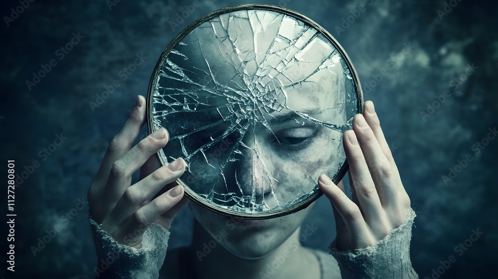 Poster ethereal portrait of a figure holding a shattered mirror, exploring themes of identity, reflection, 