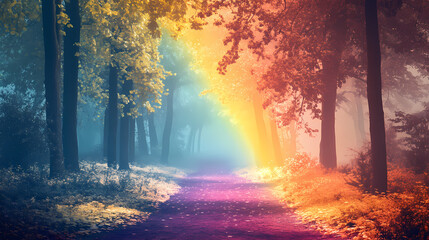 Magical fantasy fairytale forest with rainbow, transporting you whimsical realm. Etherea. Illustration