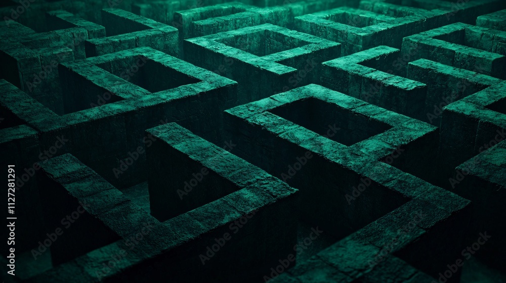 Poster fantasy concept. abstract maze design with glowing green patterns and textures.