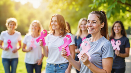 Group of women holding pink ribbons outdoors with a sunny park background