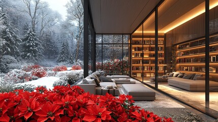 A virtual room's bookshelf background featuring a home library study, with a window view of forest trees in fall and winter, adorned with poinsettia holiday flowers, perfect for an online webinar