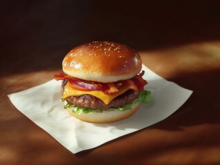 Juicy Hamburger with Bacon, Cheddar Cheese, Lettuce, and Onions on Sesame Seed Bun Placed on White Paper Against Dark Wooden Background