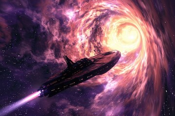 Spaceship traveling through a vibrant cosmic wormhole in an expansive universe filled with bright stars and swirling galaxies