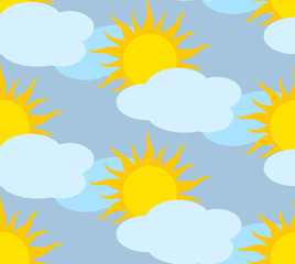 Sun and cloud motifs arranged in a seamless pattern. Simple cartoon-like shapes for a playful aesthetic. For textile applications like curtains, bedding, or clothing, wrapping paper, packaging.