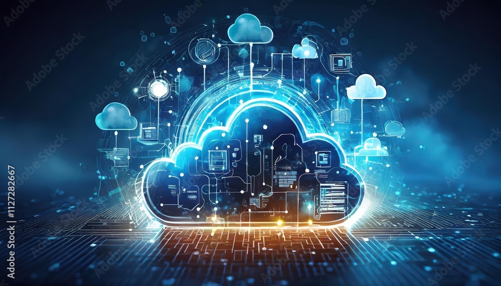 Poster innovative glowing cloud icon technology concept an exploded panel displaying advanced cloud service