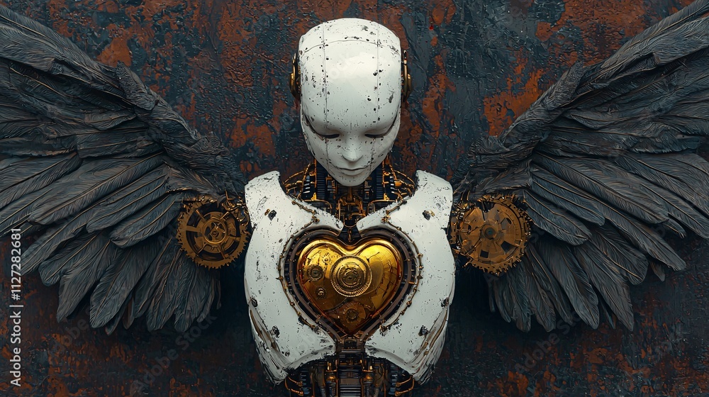 Poster fantasy concept. robot figure with wings and a heart-shaped core against a textured background.
