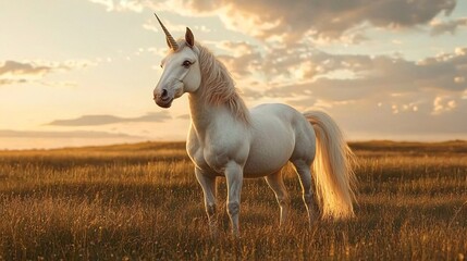 Obraz premium Fantasy concept. Majestic unicorn standing in a sunlit meadow.