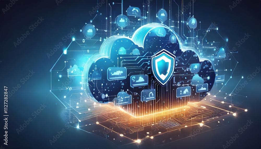Poster innovative glowing cloud icon technology concept exploded panel illustrating advanced cloud services