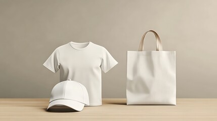 White Tshirt Cap And Tote Bag Mockup Display