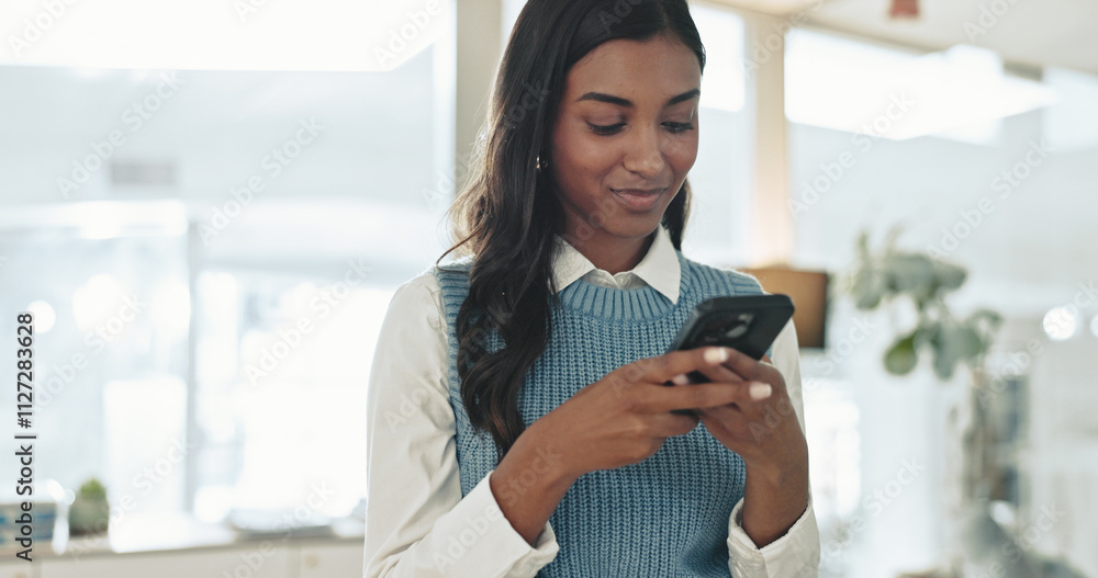 Poster notification, phone and businesswoman in office with typing for email, communication or networking. 