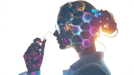 Scientist conducts experiment with test tube and molecular visuals in laboratory setting