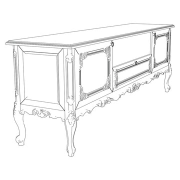 Elegant antique sideboard furniture and home interior decorations in trendy vintage retro style. Modern hand drawn black sketch vector illustrations isolated on white background