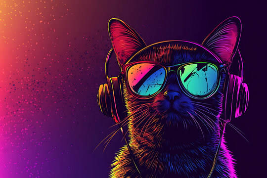 A vibrant illustration of a cat wearing sunglasses and headphones, exuding a cool vibe.
