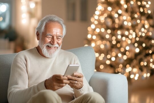 An elderly man looking at His phone screen. Generative AI