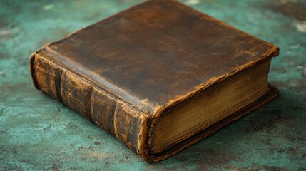 Obraz premium A vintage leather-bound book resting on a textured surface, suggesting age and knowledge.