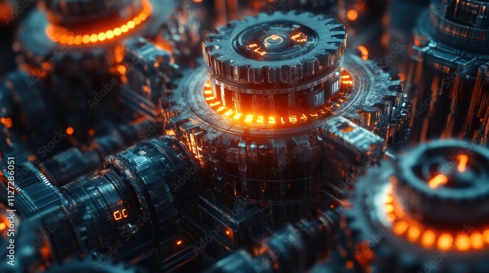 Poster futuristic gears with glowing elements in a mechanical setting