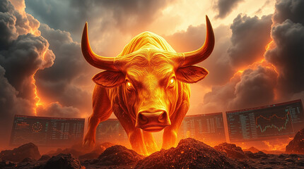 The bull market creative banner featuring raged bull and trading charts in the background