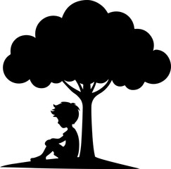 Boy Silhouette Under Tree Vector Illustration
