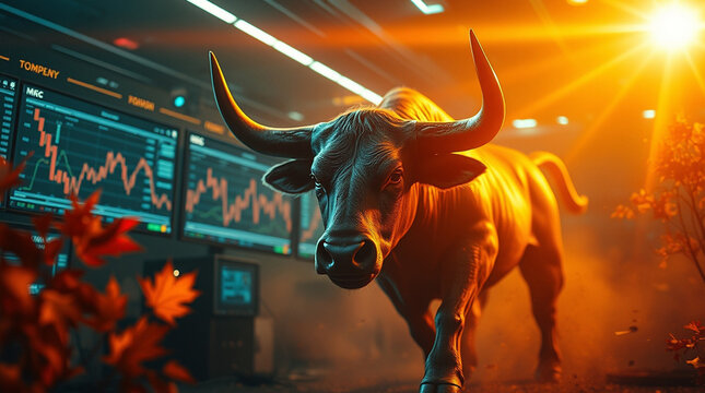 The bull market creative banner featuring raged bull and trading charts in the background