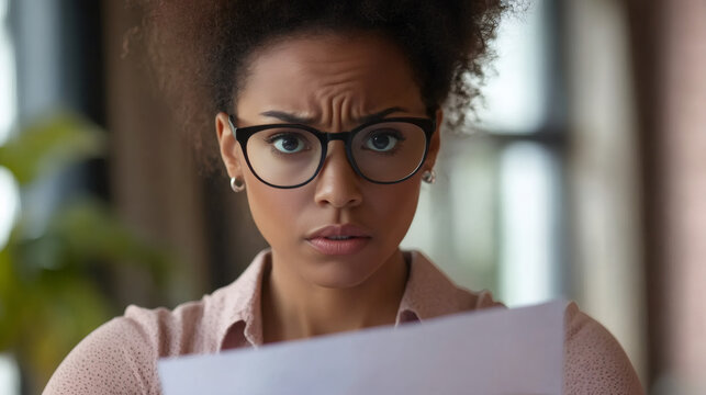 Upset businesswoman reading a document with a worried expression, frowning and showing concern