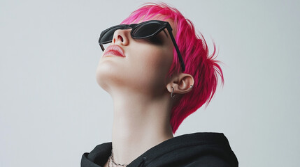 Fototapeta premium Stylish Pink Hair Woman Trendy Sunglasses Fashion Portrait