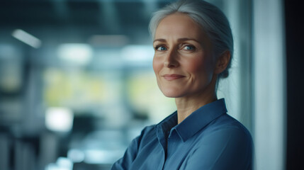 Fototapeta premium Confident senior businesswoman with folded arms exuding professionalism and success in a modern office environment