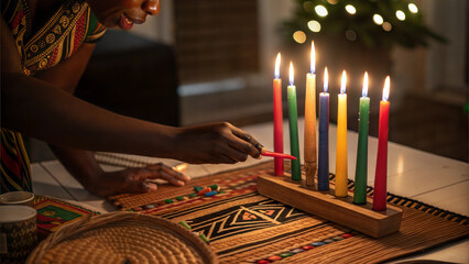 Hands Lighting Kinara Candles for Kwanzaa Celebration on Table with Cultural Decorations