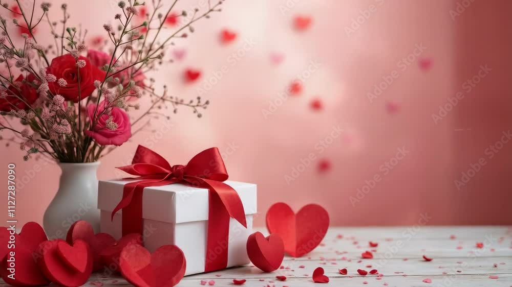 Poster a white box with a red ribbon sits on a table next to a vase of red flowers. the flowers are arrange