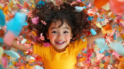  A colorful explosion of paper surrounds a young child diving headfirst through a decorative wall, their exhilarated expression radiating pure joy.