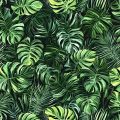 Seamless Tropical Elegance: Monstera and Palm Leaves in a Lush Green Design