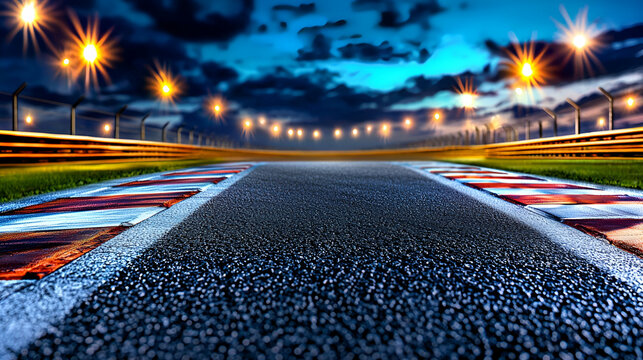 A nighttime view of a racetrack with illuminated lights and a clear asphalt surface, creating an inviting atmosphere for racing events.