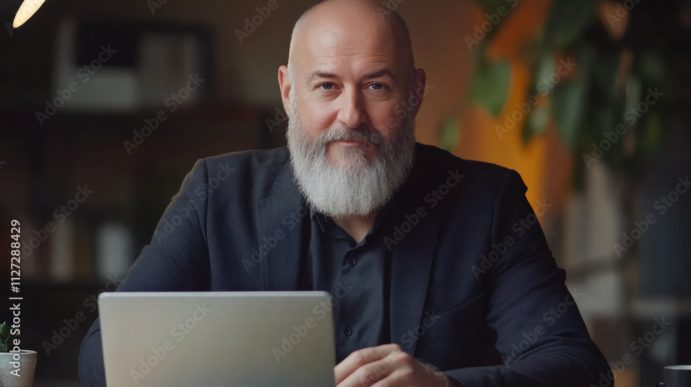 Poster professional and knowledgeable businessman with a long white beard smiling while using a laptop in a
