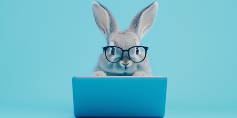 Funny cute business bunny rabbit animal wearing glasses and working on laptop computer at office against blue pastel background.