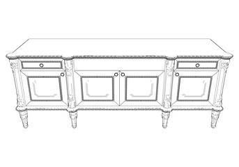 Elegant antique sideboard furniture and home interior decorations in trendy vintage retro style. Modern hand drawn black sketch vector illustrations isolated on white background