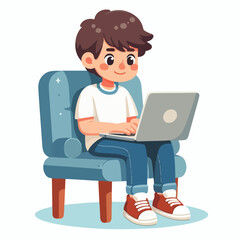 a boy is using his laptop vector