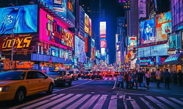 Vibrant Nighttime Streetscape of Times Square, New York City, with Bright Billboards and Yellow Cabs