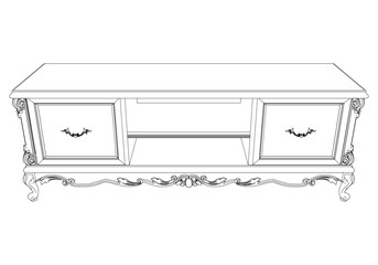 Elegant antique sideboard furniture and home interior decorations in trendy vintage retro style. Modern hand drawn black sketch vector illustrations isolated on white background