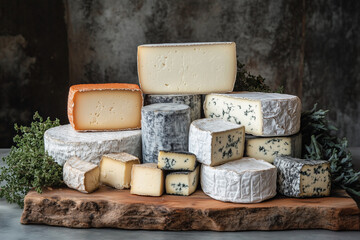 variety of cheeses are displayed on a wooden board. The cheeses are of different shapes and sizes, and they are arranged in a way that makes them look like a cheese tower
