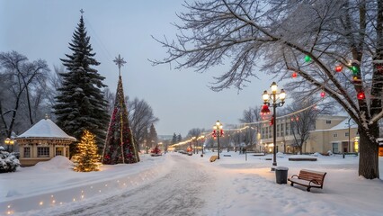 Fototapeta premium A snowy winter scene with festive decorations, creating a magical atmosphere