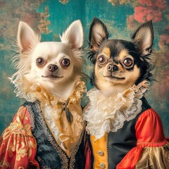 Two Elegant Chihuahuas in Royal Attire, Baroque Style Portrait