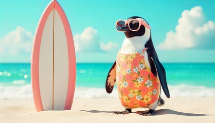 Summer penguin standing next to a large surfboard in the soft beach