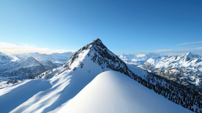 A mountain range with snow on the peaks and a blue sky in the background