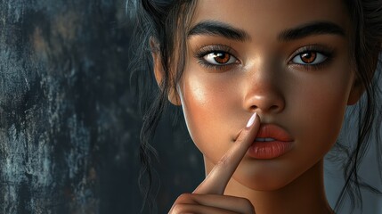 Obraz premium A woman shows a sign of silence with her index finger. A girl points her finger at her own lips.