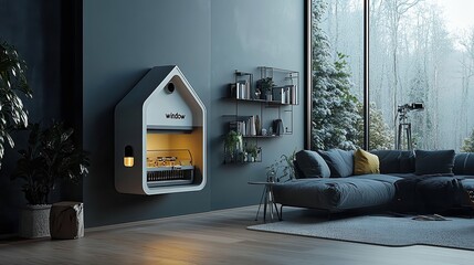  Modern house-shaped wall feature with glowing interior details in sleek living room overlooking snowy forest.
