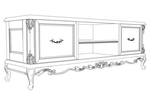 Elegant antique sideboard furniture and home interior decorations in trendy vintage retro style. Modern hand drawn black sketch vector illustrations isolated on white background