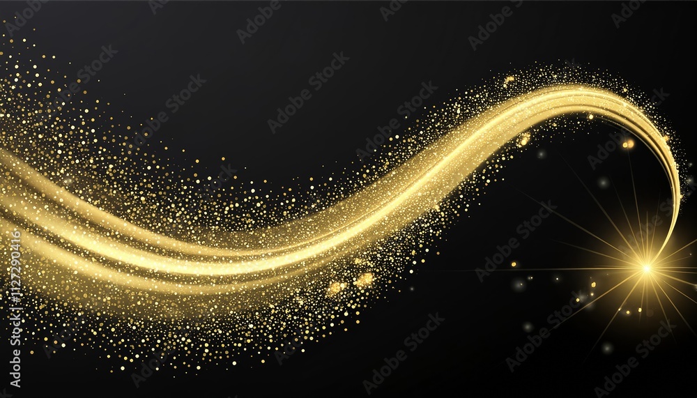Poster golden sparkle trail dust in swirl wave style a mesmerizing blend of shimmering gold particles and d