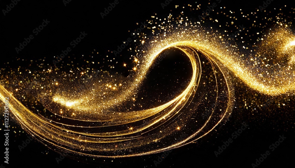 Poster golden sparkle trail dust in swirl wave style a mesmerizing blend of shimmering gold particles and d